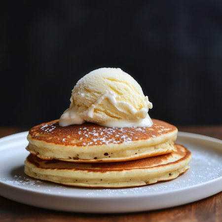 Homemade pancakes with vanilla ice cream, selective focus, square imageの素材