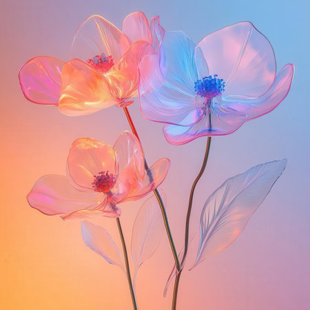 3D illustration of abstract flowers in pastel colors on gradient backgroundの素材