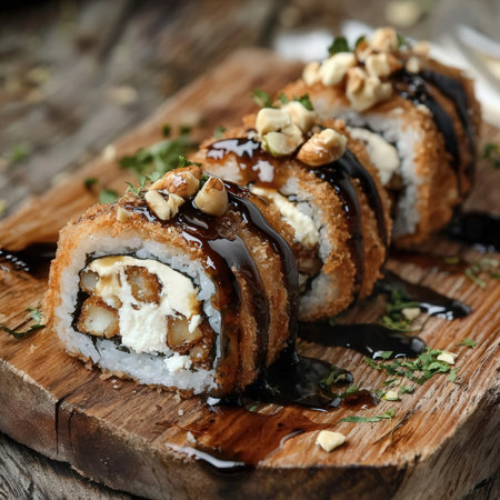 Sushi roll with eel, cheese and nuts on a wooden boardの素材