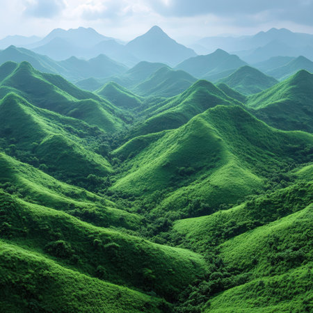 beautiful green hills in the mountains. 3d rendered image.の素材