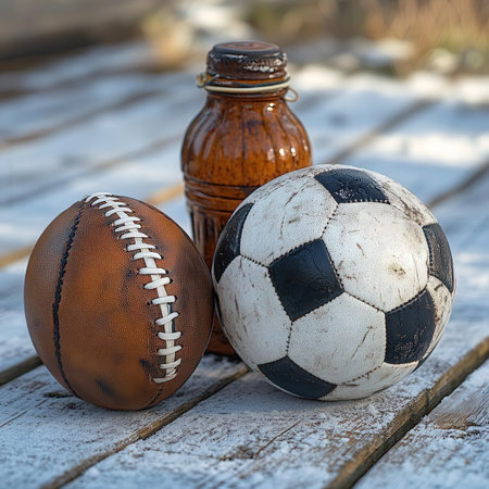 Soccer balls and bottle of beer on a wooden background in winterの素材