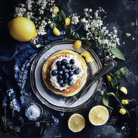 Pancakes with blueberries and lemon on a dark background, top viewの素材