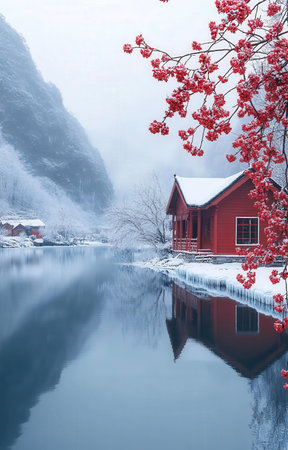 Foggy winter landscape with red wooden house on the bank of mountain river.の素材