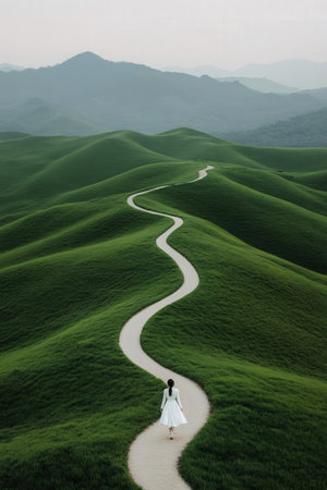 Wedding walk in the mountains. A bride in a white dress walks along a winding roadの素材