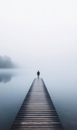 Lonely man standing on wooden pier in foggy lake.の素材