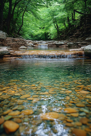 Creek in the forest with stones and green foliage. Beautiful landscapeの素材