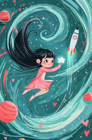 Cute little girl flying in space. Vector illustration for kids.の素材