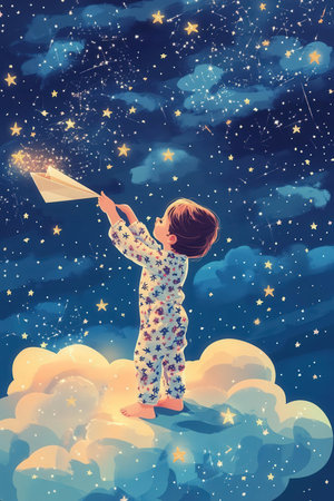 Cute little boy in pajamas playing with paper plane on night sky backgroundの素材