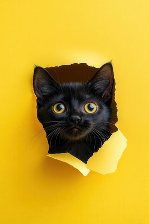 Cute black cat peeking through a hole in a yellow paperの素材