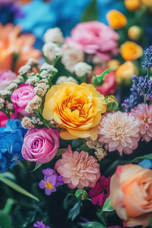 Beautiful bouquet of mixed flowers. Colorful flowers background.の素材