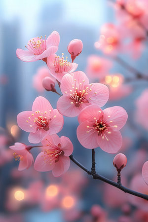 cherry blossom, sakura flowers on blue sky background.の素材
