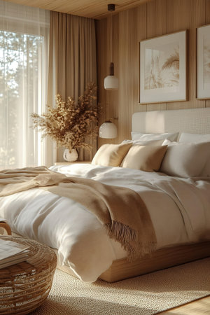 Interior of a modern bedroom with beige lines and pillowsの素材