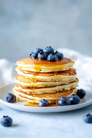 Pancakes with fresh blueberries and maple syrup, selective focusの素材