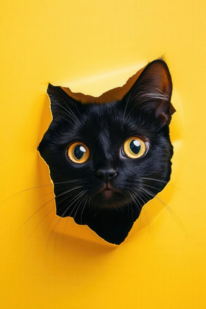 Black cat peeking through a hole in a yellow paper background.の素材