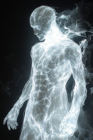 Digital illustration of a human body made of white smoke in black backgroundの素材
