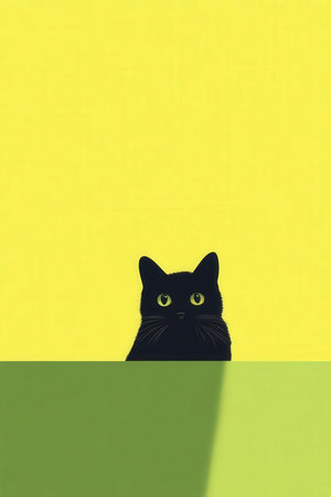 Black cat on a green background with a shadow. Copy space.の素材