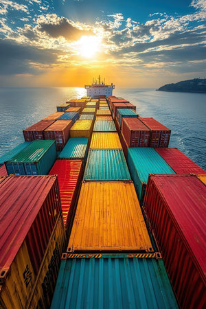 Container Cargo freight ship with working crane bridge at sunset for Logistic Import Export backgroundの素材