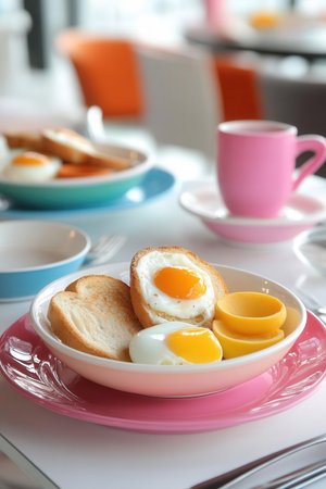 Breakfast with fried eggs and toasts in a pink plate.の素材