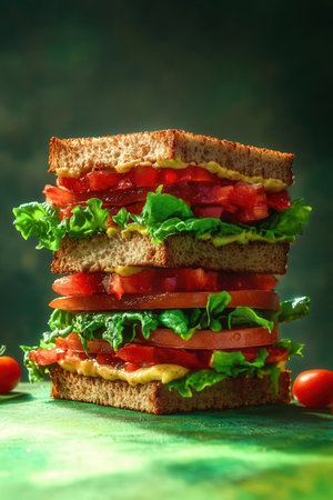 Sandwich with tomatoes and lettuce on a green background. toning. selective focusの素材