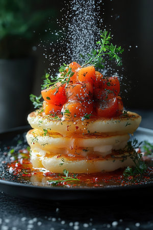 Pancakes with salted salmon and herbs on a dark backgroundの素材