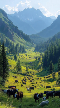 Herd of cows grazing in a green meadow in the mountainsの素材
