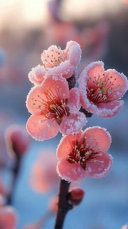 plum blossom in winter, closeup of pink blossomsの素材