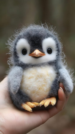 Penguin toy in the hands of a child close-upの素材
