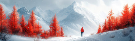 Winter landscape with snow covered trees and woman in red jacket. Panoramaの素材