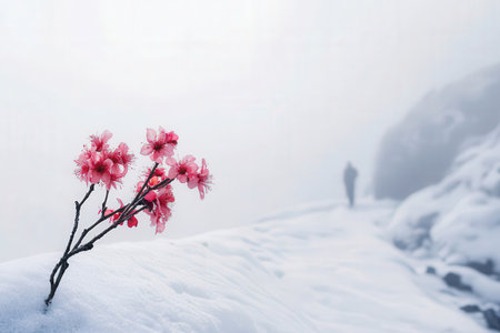 Beautiful blooming sakura flowers in the snow, winter backgroundの素材