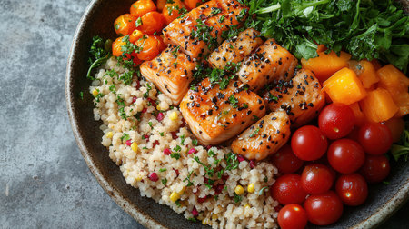 Salmon salad with quinoa and cherry tomatoes, closeup viewの素材