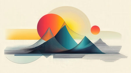 abstract landscape with sun and mountains in retro style. Vector illustrationの素材