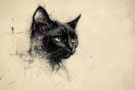 Portrait of black cat on abstract background. Sepia tone.の素材