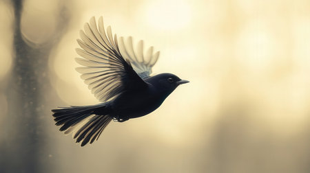 Blackbird flying in the morning mist. Shallow depth of field.の素材