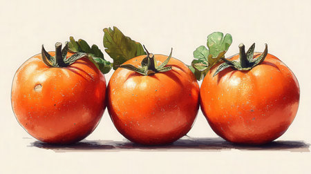 Three red tomatoes with green leaves on a white background. Vintage style.の素材