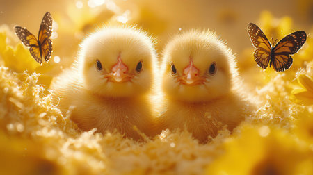 Easter chicks and yellow tulips on a yellow background. Easter concept.の素材