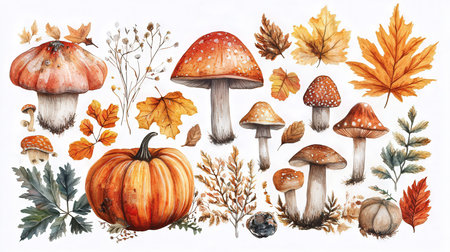 Watercolor autumn set with mushrooms, leaves and berries. Hand drawn illustrationの素材