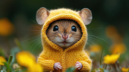 Cute little mouse in a knitted hat on the background of yellow crocusesの素材
