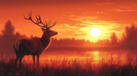 Silhouette of a red deer at sunrise. 3D renderの素材