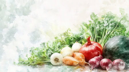 Watercolor illustration of fresh vegetables. Healthy food background with watercolor effect.の素材