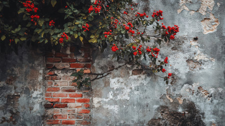Old brick wall with red creeper on it. Vintage style.の素材