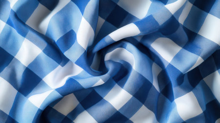 blue and white checkered fabric as background, closeup of photoの素材