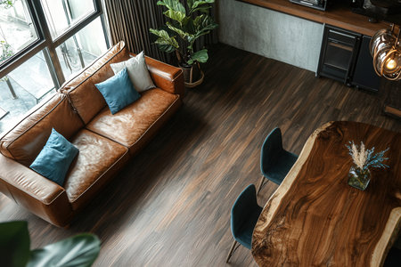 Interior of modern living room with sofa, coffee table and plantsの素材