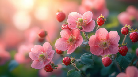 Beautiful pink strawberry flowers in the garden at sunset. Nature backgroundの素材