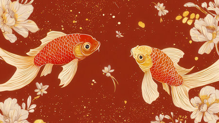 Koi fish and flowers on a red background. Vector illustration.の素材