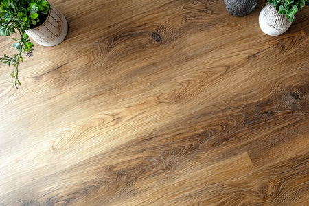 Wooden table top view with plant in vase and copy spaceの素材