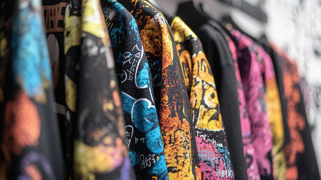 Colorful t-shirts on hangers in a fashion store.の素材