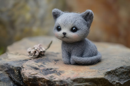 Soft toy cat sitting on a rock with pine cone in the backgroundの素材