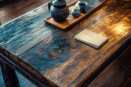 Wooden table with teapot, book and cup of teaの素材