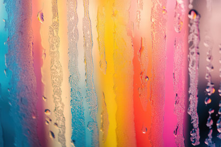 Rain drops on the window with rainbow colored background. Shallow DOFの素材