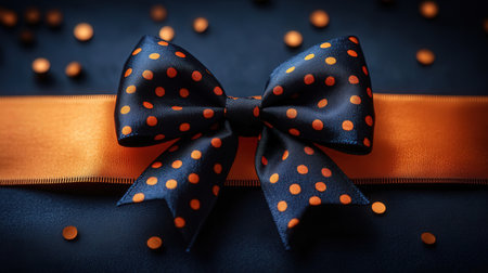 Orange bow tie with polka dot pattern on dark blue background.の素材